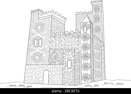 Disegno in bianco e nero di un castello decorativo o fortezza con motivi intricati come soli, stelle, cerchi ed elementi floreali. Ideale Illustrazione Vettoriale
