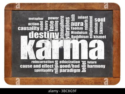 Nuvola di parole Karma su una lavagna d'ardesia vintage isolata sul bianco - concetto di spiritualità Foto Stock