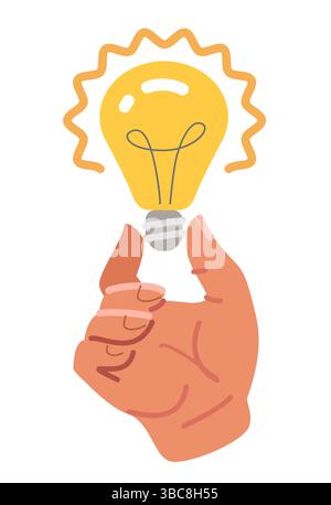 Impugnature a mano per una lampadina illuminata che simboleggia l'ispirazione o l'idea. Energia sostenibile, efficienza tecnica Illustrazione Vettoriale