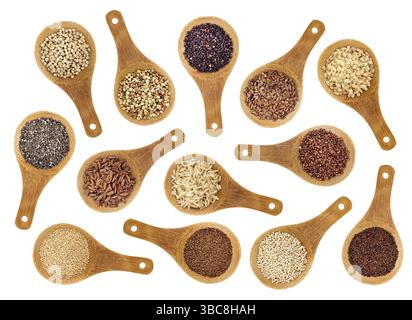 Varietà di cereali senza glutine (grano saraceno, amaranto, riso integrale, miglio, sorgo, teff, nero, rosso, bianco e nero quinoa, semi di chia, semi di lino) o Foto Stock