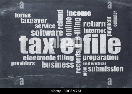 Concetto di e-file fiscale (archiviazione elettronica) - una nuvola di parole su una lavagna d'epoca Foto Stock