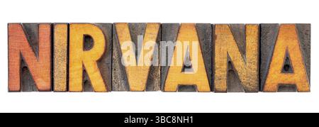 Nirvana - parola isolata astratta in blocchi di legno di tipografia vintage Foto Stock