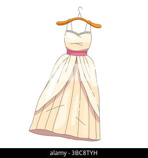 Abito da sposa. Abito nuziale vettoriale per cerimonie o festeggiamenti. Elemento biglietto d'auguri con pizzo e tessuto. Amore e romantico, simbolo femminile. Donna, segno della principessa. Matrimonio e ricamo. Illustrazione Vettoriale