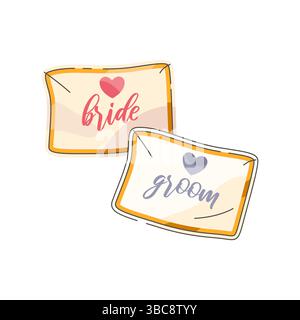 Biglietti d'invito per matrimoni con scopa e testo della sposa. Elemento decorativo vettoriale per l'invito al matrimonio o il biglietto d'auguri. Annuncio della celebrazione nuziale o della cerimonia nuziale. Vacanza romantica e amore. Illustrazione Vettoriale
