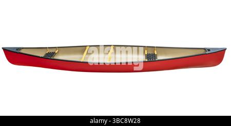 Canoa tandem rossa con sedili in legno isolati sul bianco con un sentiero di ritaglio, vista laterale Foto Stock