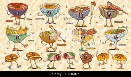 Cartoni animati cucina asiatica retrò con piatti di riso e dessert. Personaggi psichedelici hippie vettoriali di pancake e pancake dolci con pasta di fagioli rossi, carne, pesce e piatti di riso a base di pesce Illustrazione Vettoriale