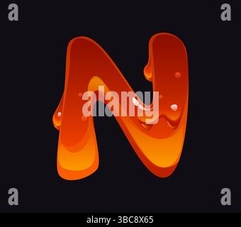 Carattere cartoni animati miele dolce lettera N. elemento miele giallo, liquido ambra flusso cartoni animati vettore ABC segno Typeset. Gustoso caramello alfabeto inglese lettera font o simbolo di caramelle dolci Illustrazione Vettoriale