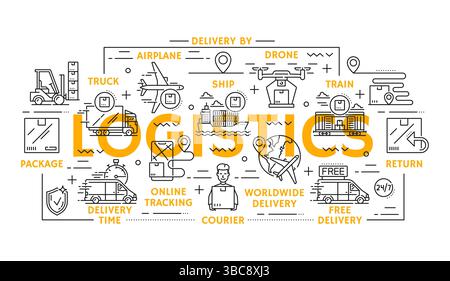 Icone logistiche e del servizio di trasporto merci di spedizione, consegna e stoccaggio, simboli delle linee vettoriali. Icone della logistica di consegna a livello mondiale della spedizione di pacchi confezionati mediante corriere con droni o carico in aereo Illustrazione Vettoriale