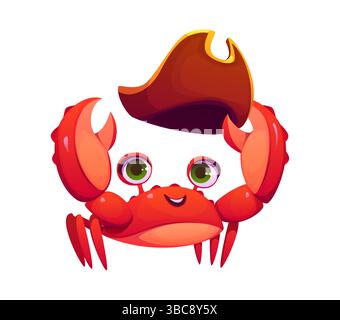 Il granchio dei cartoni animati, il pirata e il corsaro che tiene in mano il cappello da capitano del tricorno, sorridendo allegramente, pronto per l'avventura in mare. Vettoriale isolato divertente e temibile personaggio da ostruzionismo artropode Illustrazione Vettoriale