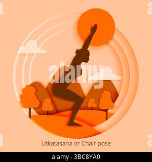Giornata Internazionale dello Yoga. Utkatasana o sedia. Design tagliato carta. Illustrazione vettoriale isolata. Illustrazione Vettoriale