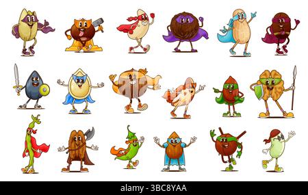 Personaggi di supereroi come Nut e Bean. Personaggi retrò di mandorle hippie, noci, arachidi e nocciole vettoriali che indossano mantelli e maschere da supereroi. Pistacchio, cocco e noci del brasile Illustrazione Vettoriale