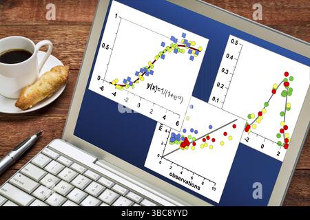 Revisione e analisi di grafici di dati scientifici su notebook con una tazza di caffè Foto Stock