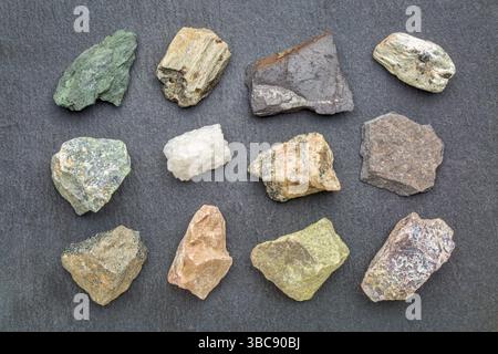 Raccolta geologica delle rocce metamorfiche, dall'alto a sinistra: Scisto di clorito, scisto di granato, scisto di grafite, scisto di mica, serpentinite, marmo, gneiss, ardesia Foto Stock