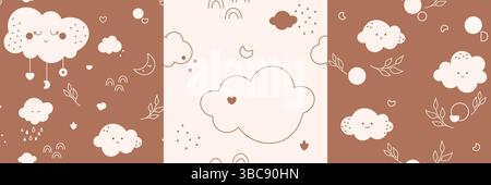 Modelli bohémien senza cuciture. Immagini a colori neutri di genere con nuvole di kawaii e foglie arcobaleni cuori della luna. Illustrazione Vettoriale