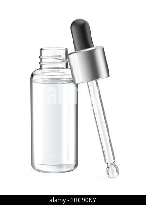 Flacone in vetro con liquido trasparente e pipetta su sfondo bianco Foto Stock