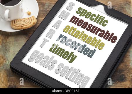 Concetto di definizione degli obiettivi INTELLIGENTE (specifico, misurabile, raggiungibile registrato, tempestivo) su un tablet digitale con tazza di caffè espresso Foto Stock