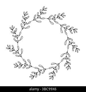 Illustrazione vettoriale di una corona circolare realizzata con rami bianchi e neri in stile doodle, disegnati a mano, isolati su sfondo bianco. Illustrazione Vettoriale