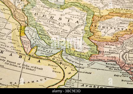 Regione del Golfo Persico a sulla mappa vintage degli anni '1920, focus selettivo (stampato nel 1926 - copyright scaduto) Foto Stock