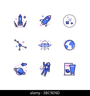 Esplorazione dello spazio - set di icone di stile di design della linea Illustrazione Vettoriale