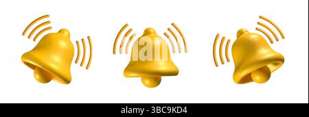 Set di tre icone di campana 3D gialle con onde sonore, isolate su sfondo bianco. Campanello di notifica metallico lucido per avvisi e promemoria Illustrazione Vettoriale