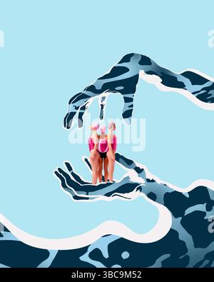 Tre donne in costume da bagno rosa e nero e berretti da nuoto in piedi tra due onde a forma di mani. Collage d'arte contemporanea. Foto Stock