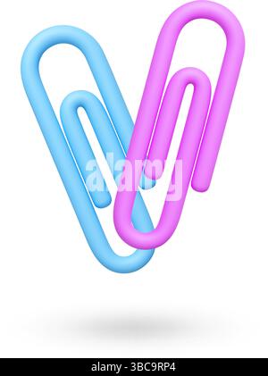 Icone 3d di graffette. Materiale da ufficio isolato, clip blu e rosa insieme a forma di cuore, concetto d'amore romantico. Cancelleria per documenti, realistica Illustrazione Vettoriale