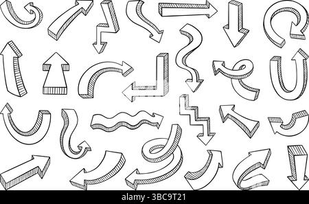 Frecce 3d disegnate a mano. Freccia Doodle, simboli della direzione. Istruzione, business, elementi finanziari, adesivi per pianificatori, set di vettori neoterici Illustrazione Vettoriale