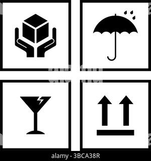 Set minimalista di simboli fragili o set di icone di imballaggio concetto di "mantenere asciutto, fragile", maneggiare con cura, verso l'alto Illustrazione Vettoriale