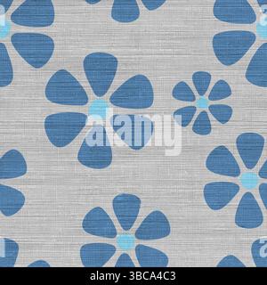 Un motivo floreale senza cuciture d'ispirazione retrò caratterizzato da audaci fiori a margherita color prugna con centri crema su uno sfondo di lino testurizzato. Illustrazione Vettoriale
