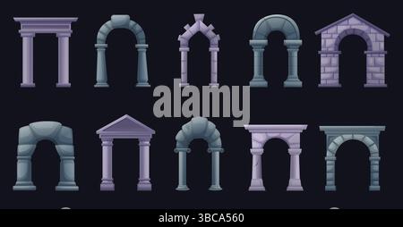 Archi antichi a cartoni animati. Arco greco romano, antiche colonne e colonne in pietra. Architettura elementi di vecchio stile, arcate, insieme vettoriale di oggi Illustrazione Vettoriale