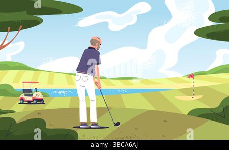 Senior gioca a golf. Vecchio golfista che gioca campo di putt campo di golf club, nonno maturo uomo bastone colpito palla vecchio giocatore professionista giocare torneo di gioco, illustrazione vettoriale di classe grafica originale Illustrazione Vettoriale