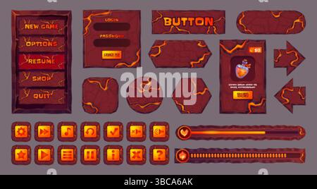 Pietra lavica ui. Interfaccia del menu di gioco dell'eruzione vulcanica, fuoco di roccia vulcanica pietre laviche pulsante freccia caricamento barra di avanzamento app di gioco mobile, risorsa cartoni animati illustrazione vettoriale originale Illustrazione Vettoriale
