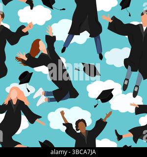 Festeggia con gli studenti laureati e i cappelli di laurea in aria. Buon corso di laurea volante. Illustrazione vettoriale Illustrazione Vettoriale