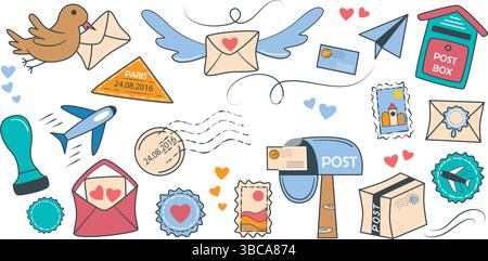 Set di icone a colori sull'argomento degli invii postali, dei pacchi e delle lettere. Clip art - mailbox, busta, aereo, timbro, timbro, messaggio, pacco. Vettore Illustrazione Vettoriale