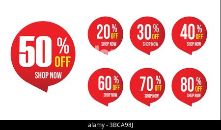 Set di etichette di prezzo di sconto per adesivo con percentuale diversa. Sconto etichette 20% 30% 40% 50% 60% dal 70% al 80% di sconto etichette in vendita per promozioni Marketing illust Illustrazione Vettoriale