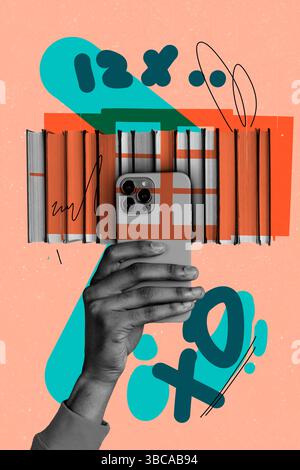 Schizzo verticale poster collage 3d di mani tenere in mano disco disco disco disco disco disco cadre fotocamera scatto libro telefono istruzione lettore blocco note Foto Stock