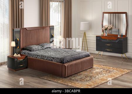 rendering 3d degli interni e delle decorazioni moderni della camera da letto Foto Stock