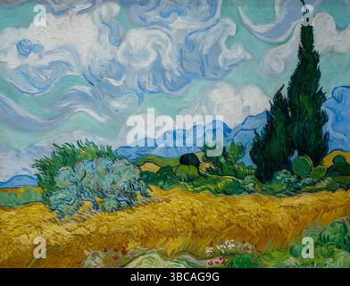 A Wheatfield with Cyresses di Vincent van Gogh. Olio su tela, 1889. National Gallery, Londra, Regno Unito. Foto Stock