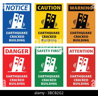 Cartello di allarme terremoto con edificio incrinato, simbolo sismico con case ed edifici incrinati e vibrati sul cartello di avvertimento giallo Illustrazione Vettoriale