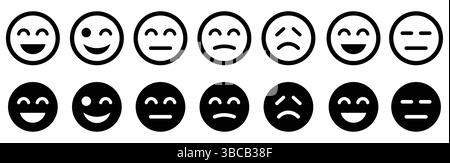 Set di icone per i volti delle emoticon di feedback. Emoji di valutazione del feedback. Recensione negativa e buona. Reazione felice e triste. Volti dell'umore per sondaggi e icone di valutazione. Vettore Illustrazione Vettoriale