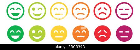 Set di icone per i volti delle emoticon di feedback. Emoji di valutazione del feedback. Recensione negativa e buona. Reazione felice e triste. Volti dell'umore per sondaggi e icone di valutazione. Vettore Illustrazione Vettoriale