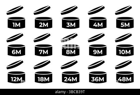 Periodo successivo all'apertura dell'etichetta PAO, simbolo, logo icona. Periodo aperto cosmetico mese 1M, 2M, 3M, 4M, 5M, 6M, 7M, 8M, 9M, 10M, 12M, 18M, 24M, 36M, 48M. Illustrazione Vettoriale