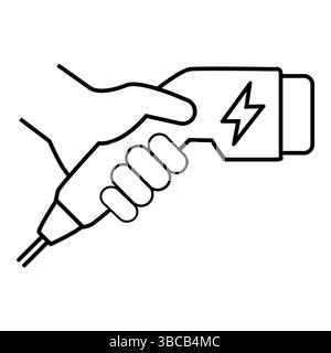 Icona del caricabatteria per auto elettrica con le mani in mano. Auto elettrica con simbolo dell'icona della spina, auto EV, logotipo punto di ricarica dei veicoli ibridi verdi, Illustrazione Vettoriale