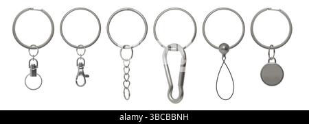 Portachiavi 3D. Anello metallico per chiavi. Portachiavi in argento. Protezione della privacy. Portachiavi realistico con supporto a sospensione. Modello accessorio in acciaio inox. Gingillo metallico per carabina. Set vettoriale apriporta Illustrazione Vettoriale