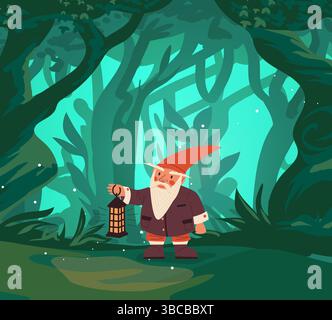 Uno gnomo carino nella foresta magica. Nano fiabesco. Il personaggio divertente degli alberi tiene la lanterna. Leprecaun mitologico. Fantasy folklore uomo barbuto in cap Vector Illustrazione Vettoriale