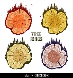 Tronco di alberi rotondi taglia con alberi, foreste e uccelli. Fette di pino o quercia segate, legname. Sega tagliava legname, legno. Struttura in legno marrone con anelli ad albero. Mano Illustrazione Vettoriale