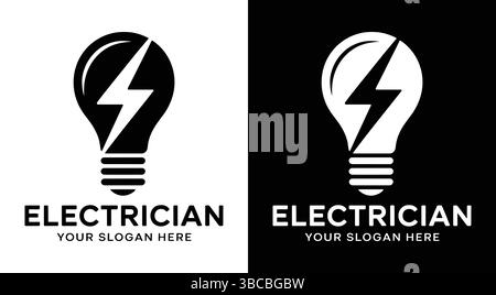 Logo nero con una lampadina e un'icona a forma di bullone, ideale per elettricisti consulenti energetici e aziende che offrono servizi elettrici, riparazioni di potenza e wiri Illustrazione Vettoriale