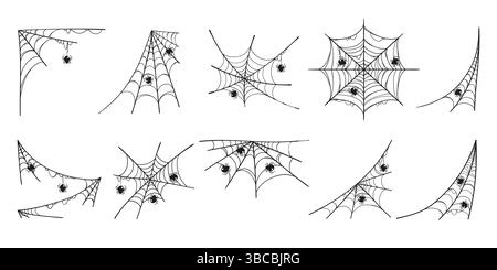 Cartoon Spider Web Collection in stile disegnato a mano. Doodle aracnid web perfetto per biglietti, inviti a feste, web, moda, stampa Illustrazione Vettoriale