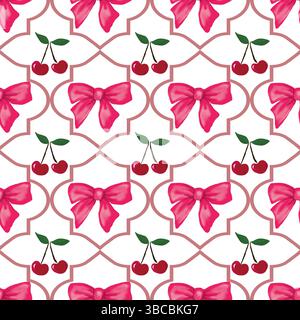 Fiocchi rosa e grappoli di piccole ciliegie rosse con foglie verdi, motivo senza cuciture. I disegni fiocco e ciliegia sono distanziati uniformemente per essere avvolti Illustrazione Vettoriale