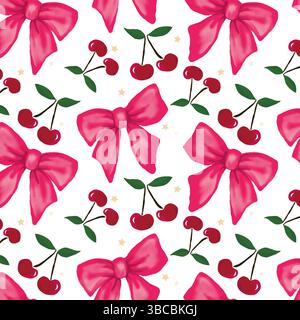 Fiocchi rosa e grappoli di piccole ciliegie rosse con foglie verdi, motivo senza cuciture. I disegni fiocco e ciliegia sono distanziati uniformemente per essere avvolti Illustrazione Vettoriale